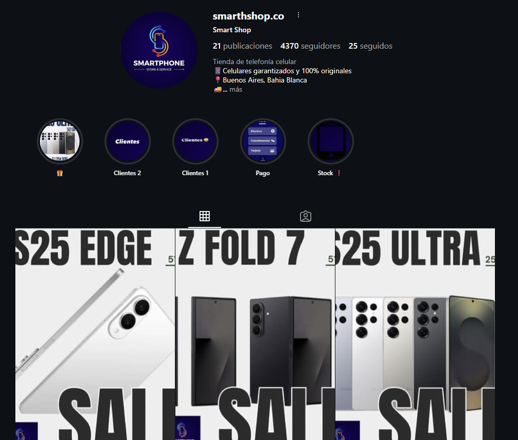 Cuenta fraudulenta @smartshop.co en Instagram mostrando productos falsos